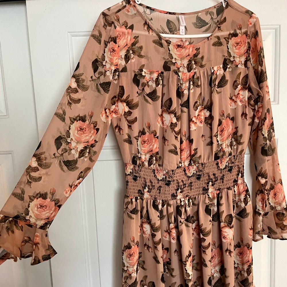 Pink floral midi dress with long sleeves
